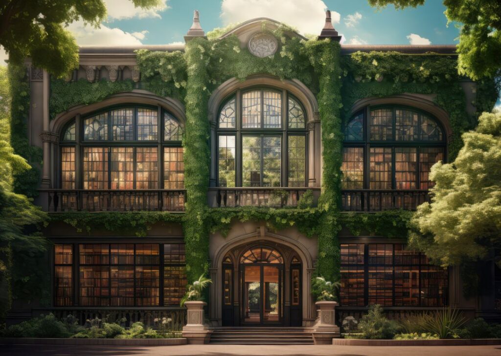 A historic library building with large arched windows, covered in lush green ivy, stands surrounded by trees. Warm light glows from inside, revealing shelves of books through the glass.
