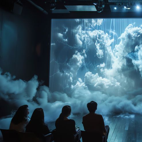 Four people sit in a dark room watching a large screen displaying dramatic clouds and beams of light, with artificial fog covering the floor, creating an immersive, atmospheric experience.