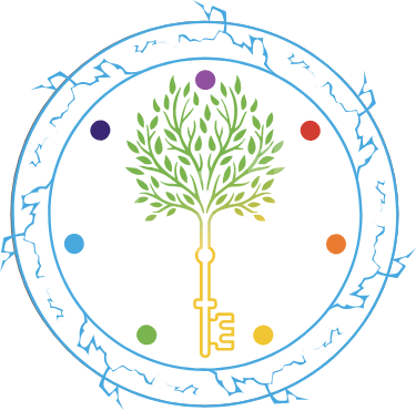 A golden key forms the trunk of a leafy green tree, surrounded by six colorful dots in a circular pattern. The design is encircled by blue, jagged, lightning-like lines.