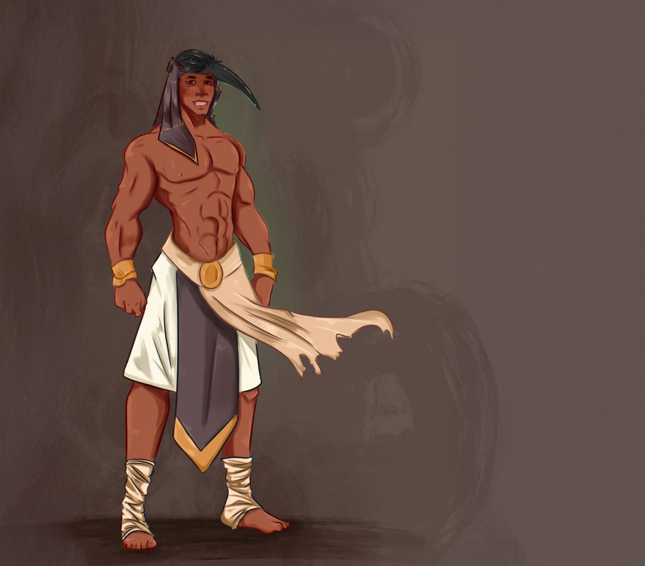 A muscular, tan-skinned man with a falcon headpiece stands confidently. He wears a gold armband, white and gold skirt, a draped sash, and has cloth wrapped around his feet and forearms against a plain brown background.