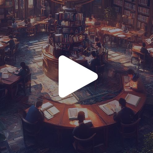 A large, circular library with bookshelves and people reading at tables; sunlight streams through windows, creating a warm, studious atmosphere. A white play button is centered over the image.